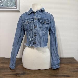 Cello Medium Blue Distressed Cropped Denim Jacket Medium